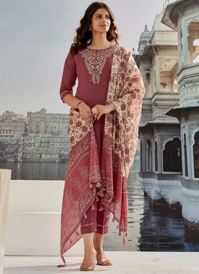 Cotton Silk Rose Pink Casual Wear Embroidery Work Readymade Suit